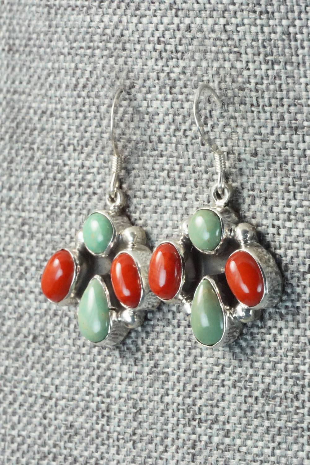 Turquoise, Spiny Oyster and Sterling Silver Earrings - Navajo