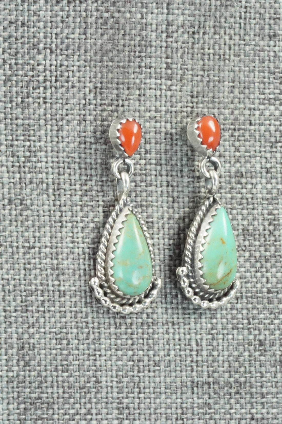 Turquoise, Coral & Sterling Silver Earrings - Verley Betone