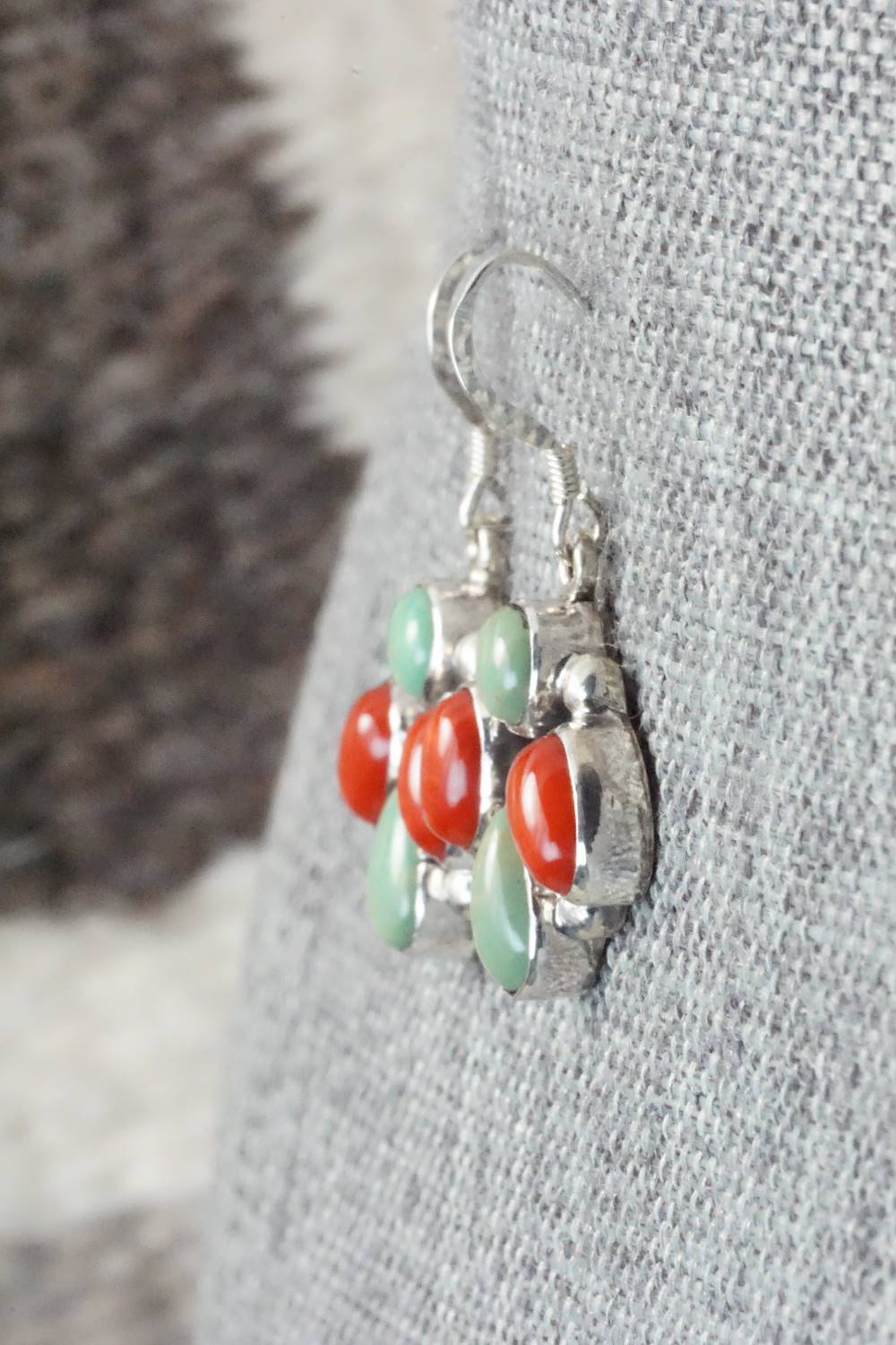 Turquoise, Spiny Oyster and Sterling Silver Earrings - Navajo