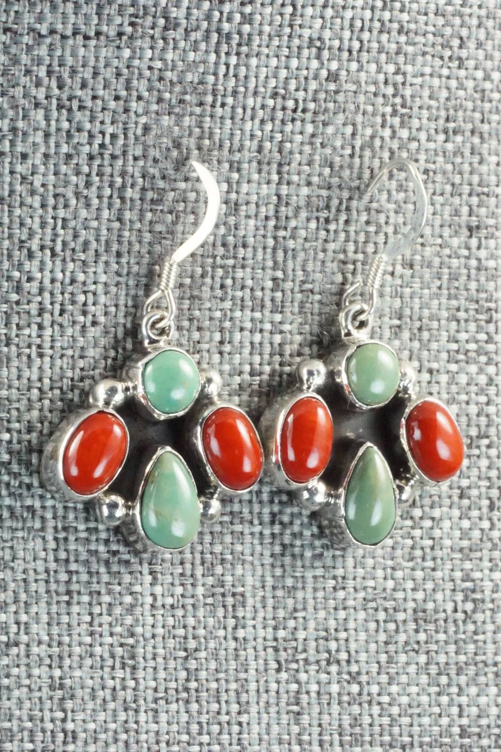 Turquoise, Spiny Oyster and Sterling Silver Earrings - Navajo