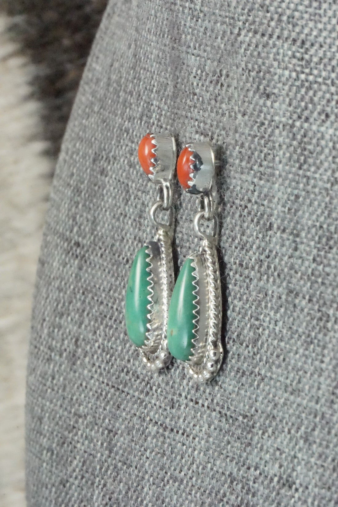 Turquoise, Coral & Sterling Silver Earrings - Verley Betone