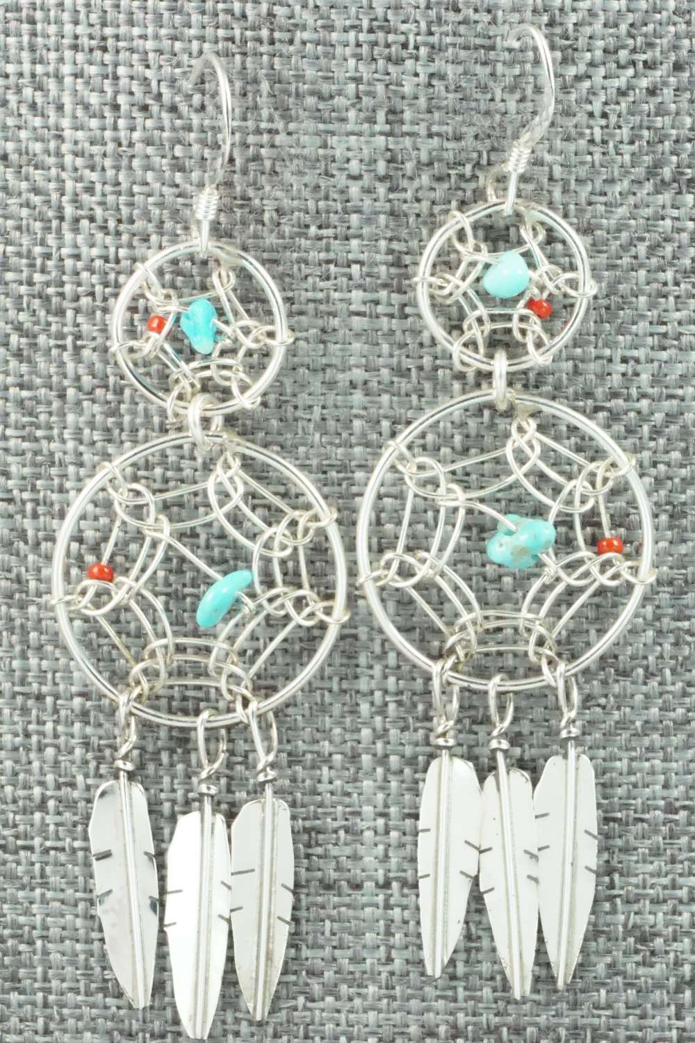 Turquoise, Coral & Sterling Silver Earrings - Lorenzo Arviso Jr.