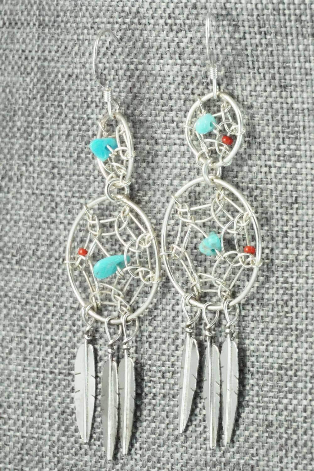 Turquoise, Coral & Sterling Silver Earrings - Lorenzo Arviso Jr.