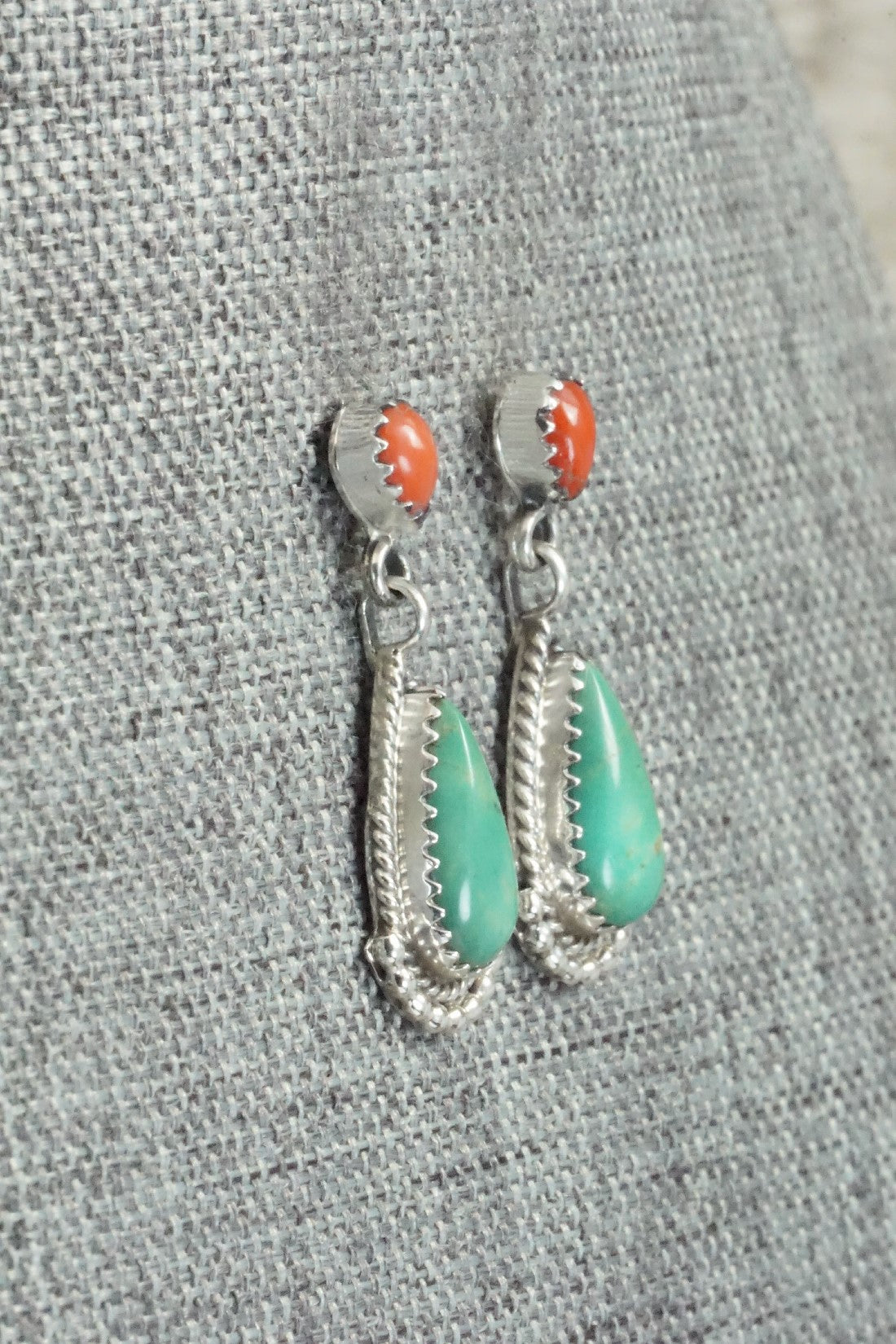 Turquoise, Coral & Sterling Silver Earrings - Verley Betone