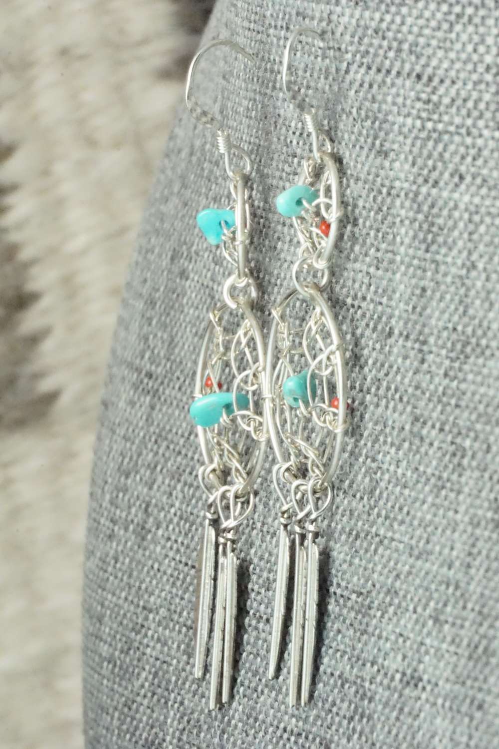 Turquoise, Coral & Sterling Silver Earrings - Lorenzo Arviso Jr.