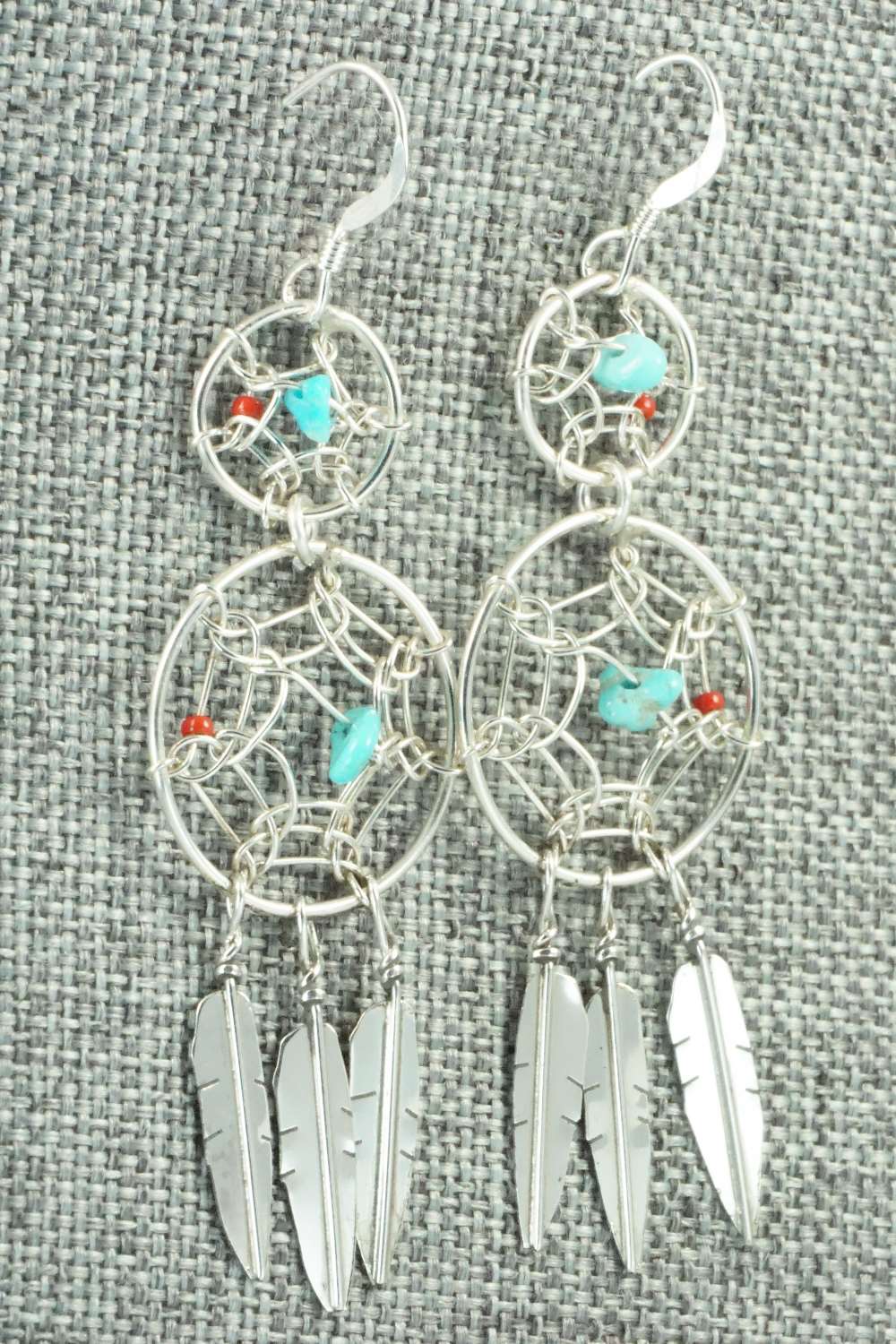 Turquoise, Coral & Sterling Silver Earrings - Lorenzo Arviso Jr.