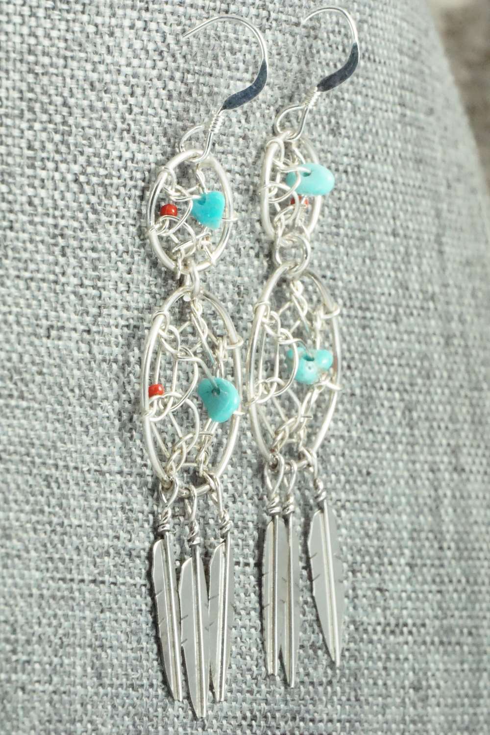 Turquoise, Coral & Sterling Silver Earrings - Lorenzo Arviso Jr.