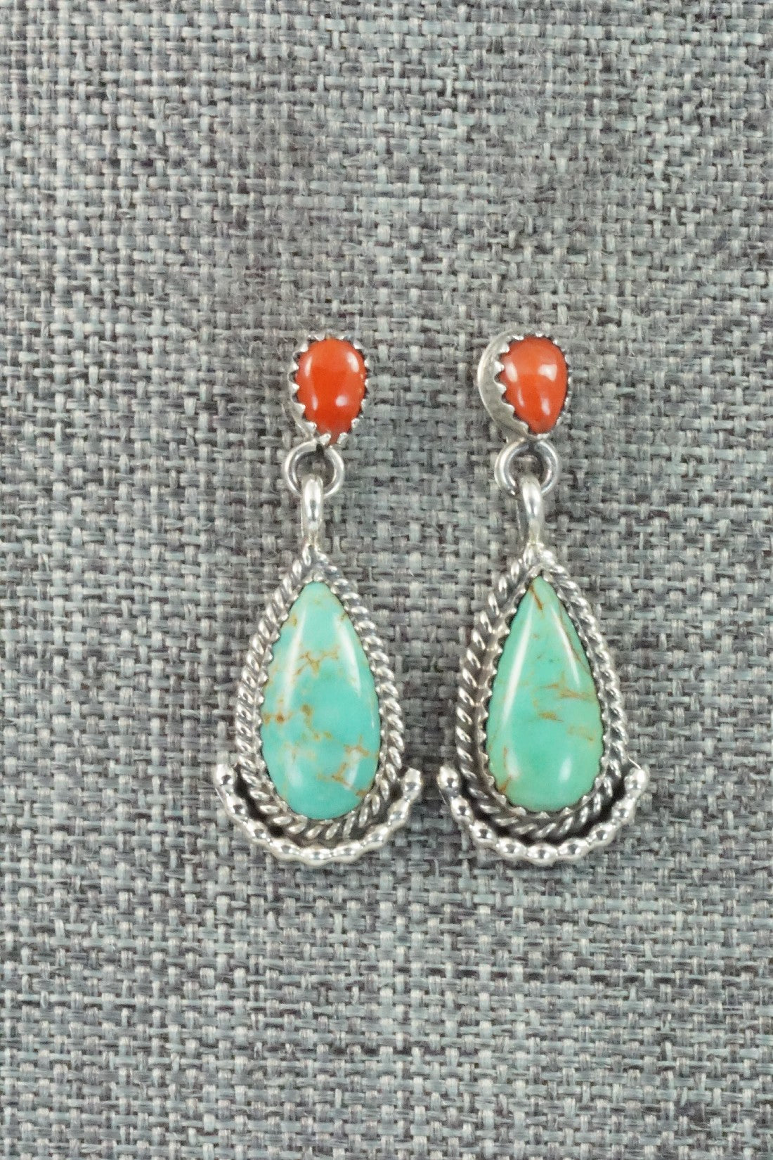 Turquoise, Coral & Sterling Silver Earrings - Verley Betone