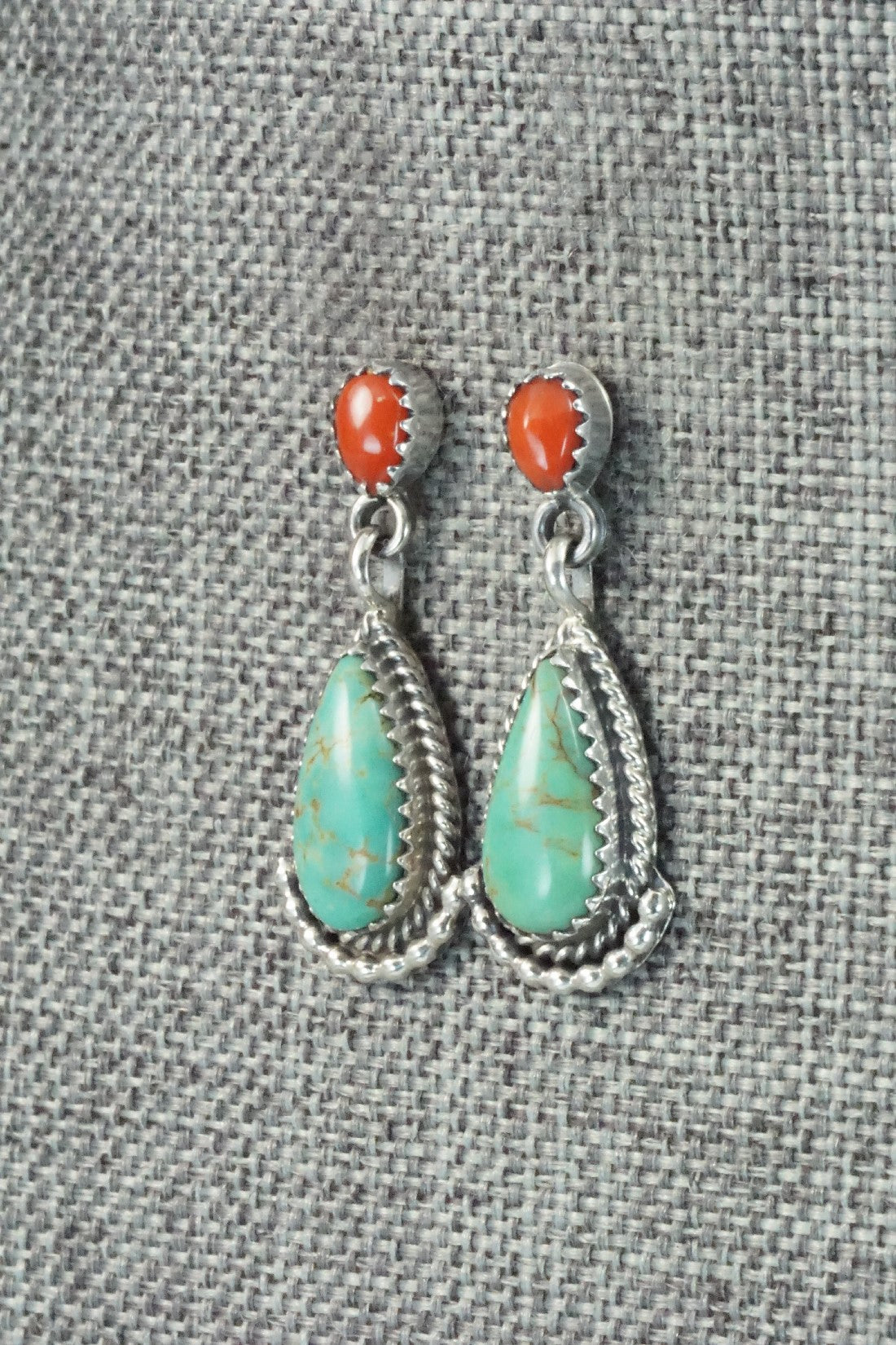 Turquoise, Coral & Sterling Silver Earrings - Verley Betone