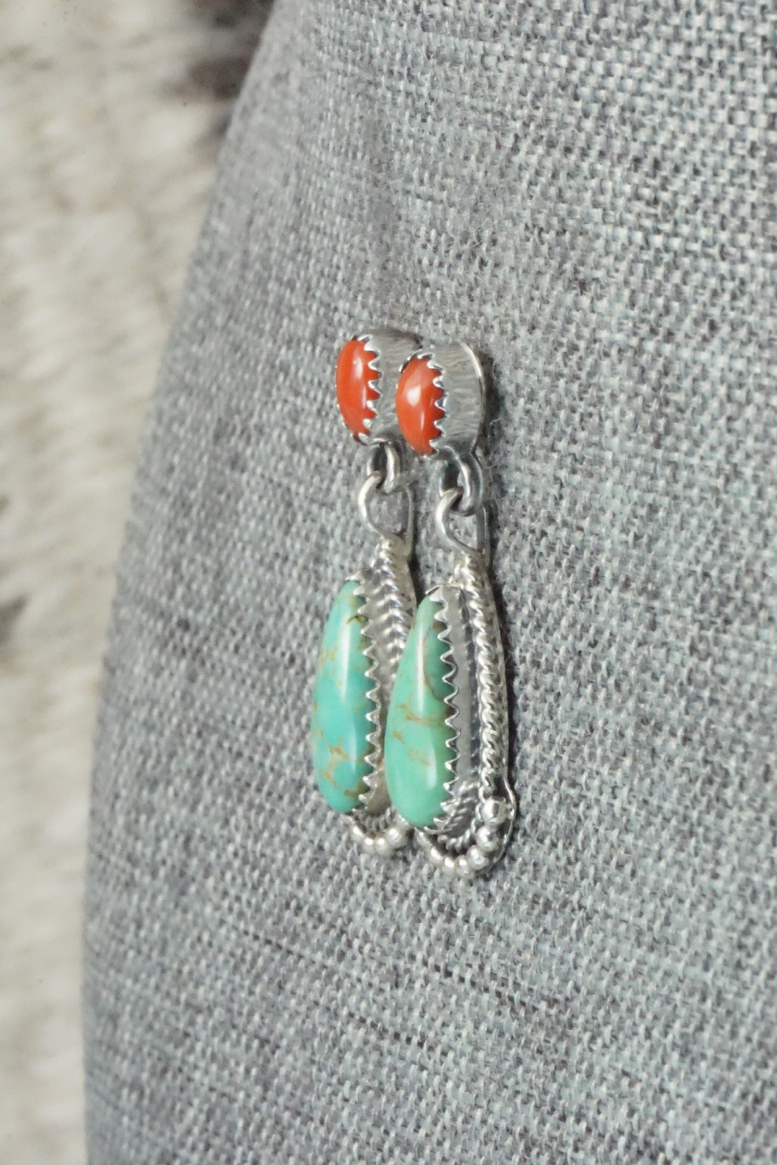 Turquoise, Coral & Sterling Silver Earrings - Verley Betone