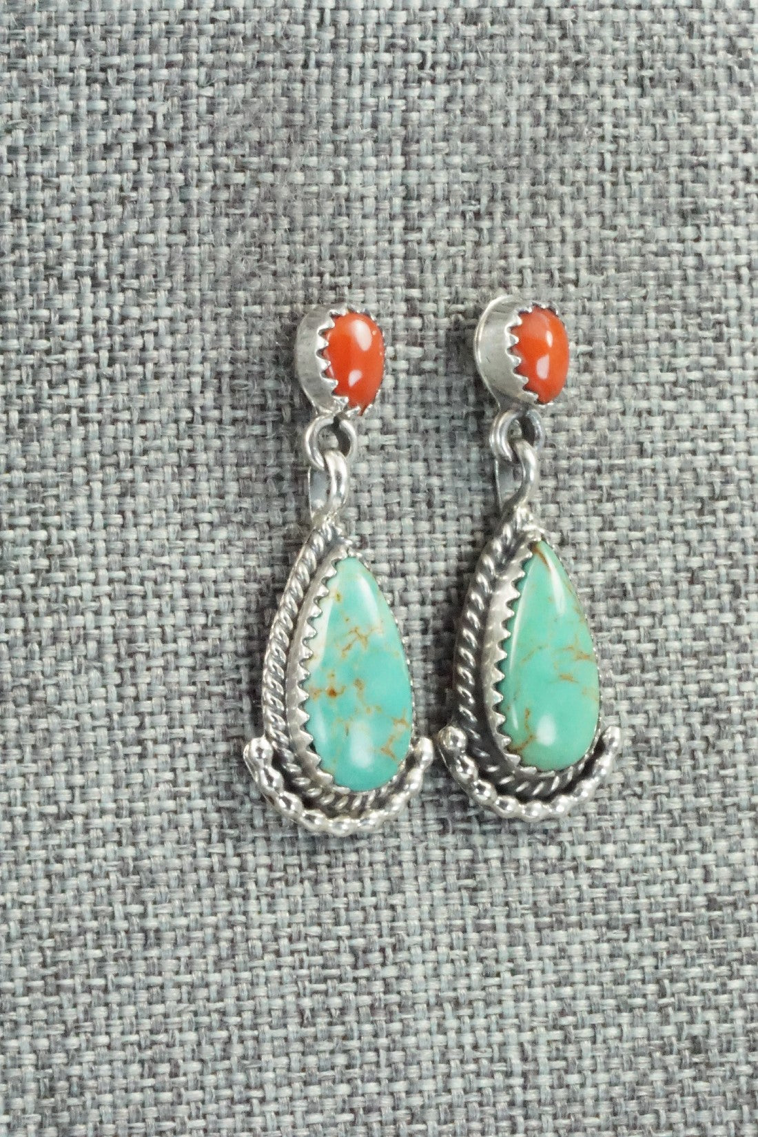 Turquoise, Coral & Sterling Silver Earrings - Verley Betone