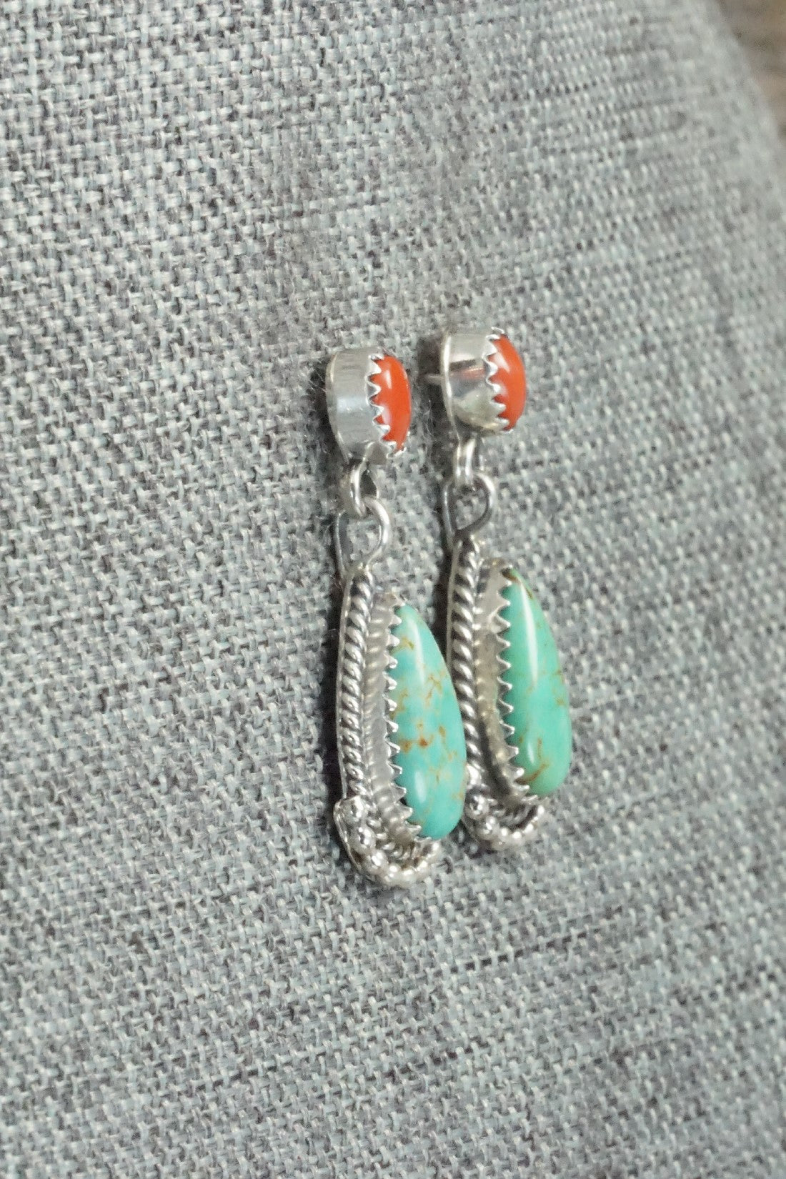 Turquoise, Coral & Sterling Silver Earrings - Verley Betone