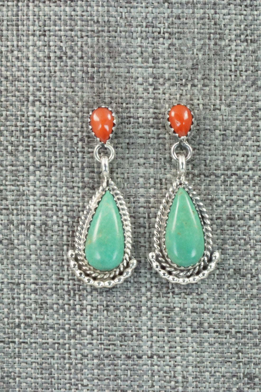Turquoise, Coral & Sterling Silver Earrings - Verley Betone