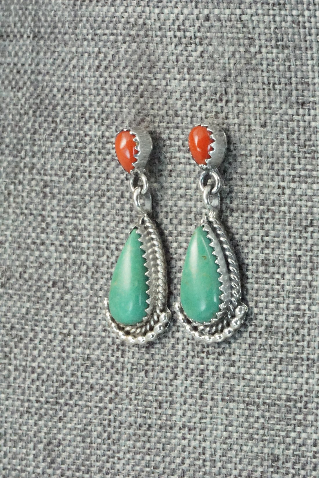 Turquoise, Coral & Sterling Silver Earrings - Verley Betone