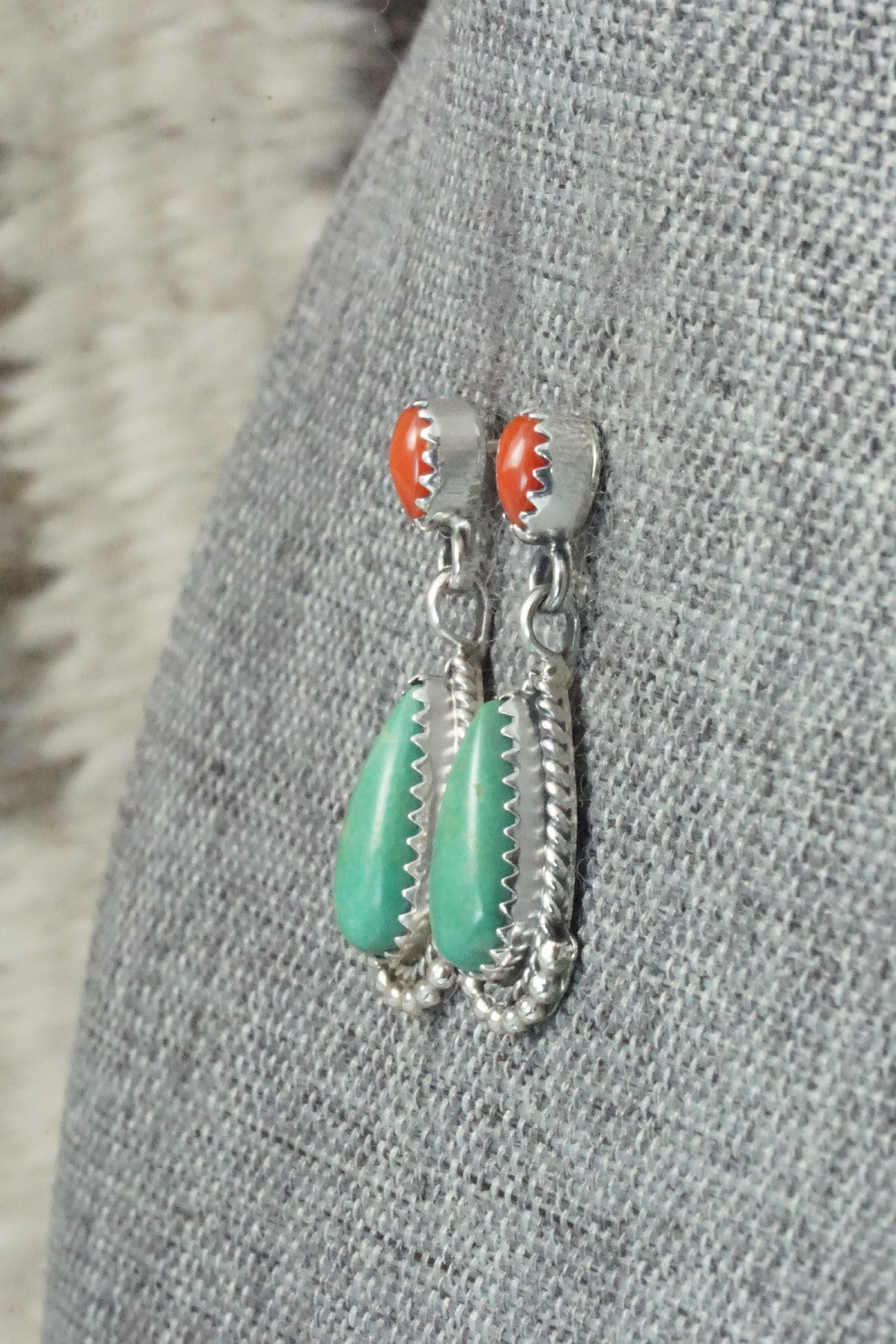 Turquoise, Coral & Sterling Silver Earrings - Verley Betone