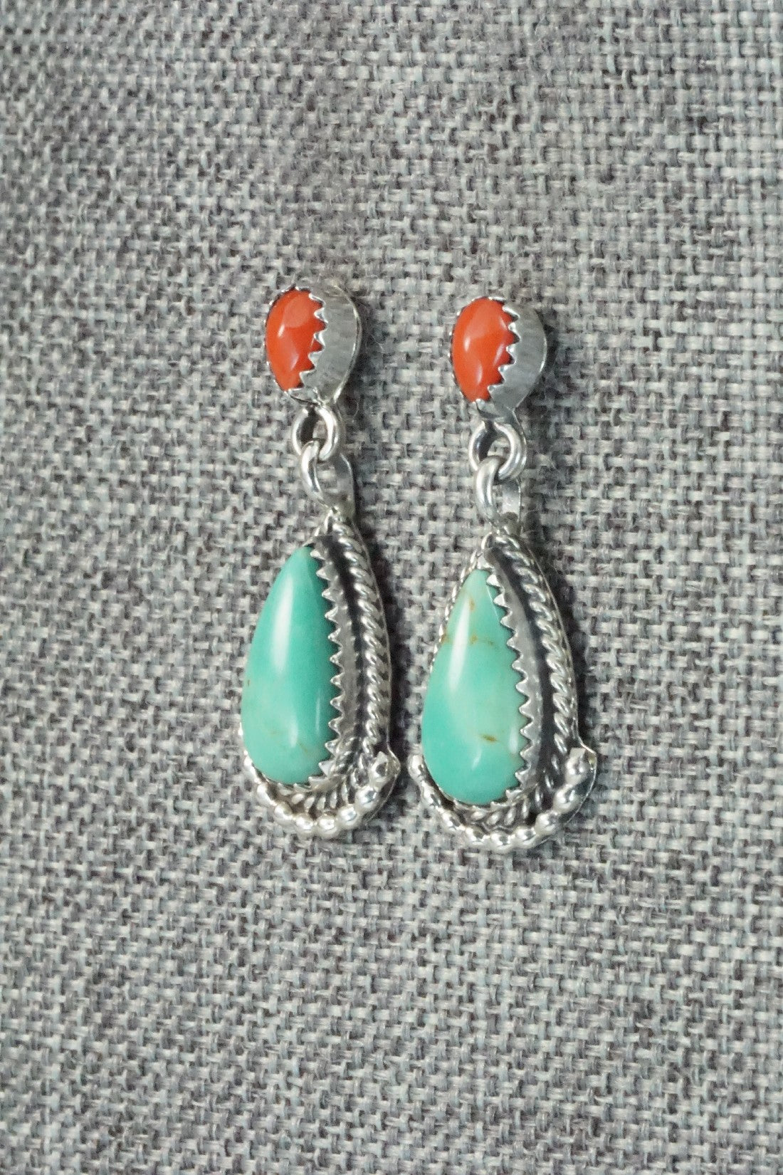 Turquoise, Coral & Sterling Silver Earrings - Verley Betone