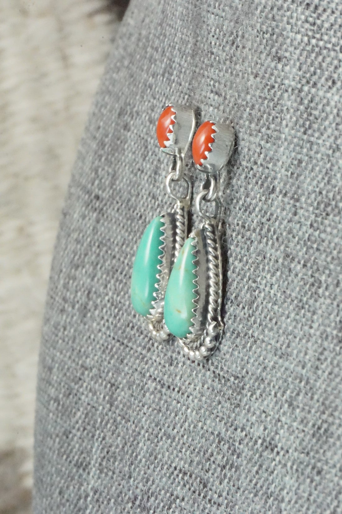 Turquoise, Coral & Sterling Silver Earrings - Verley Betone