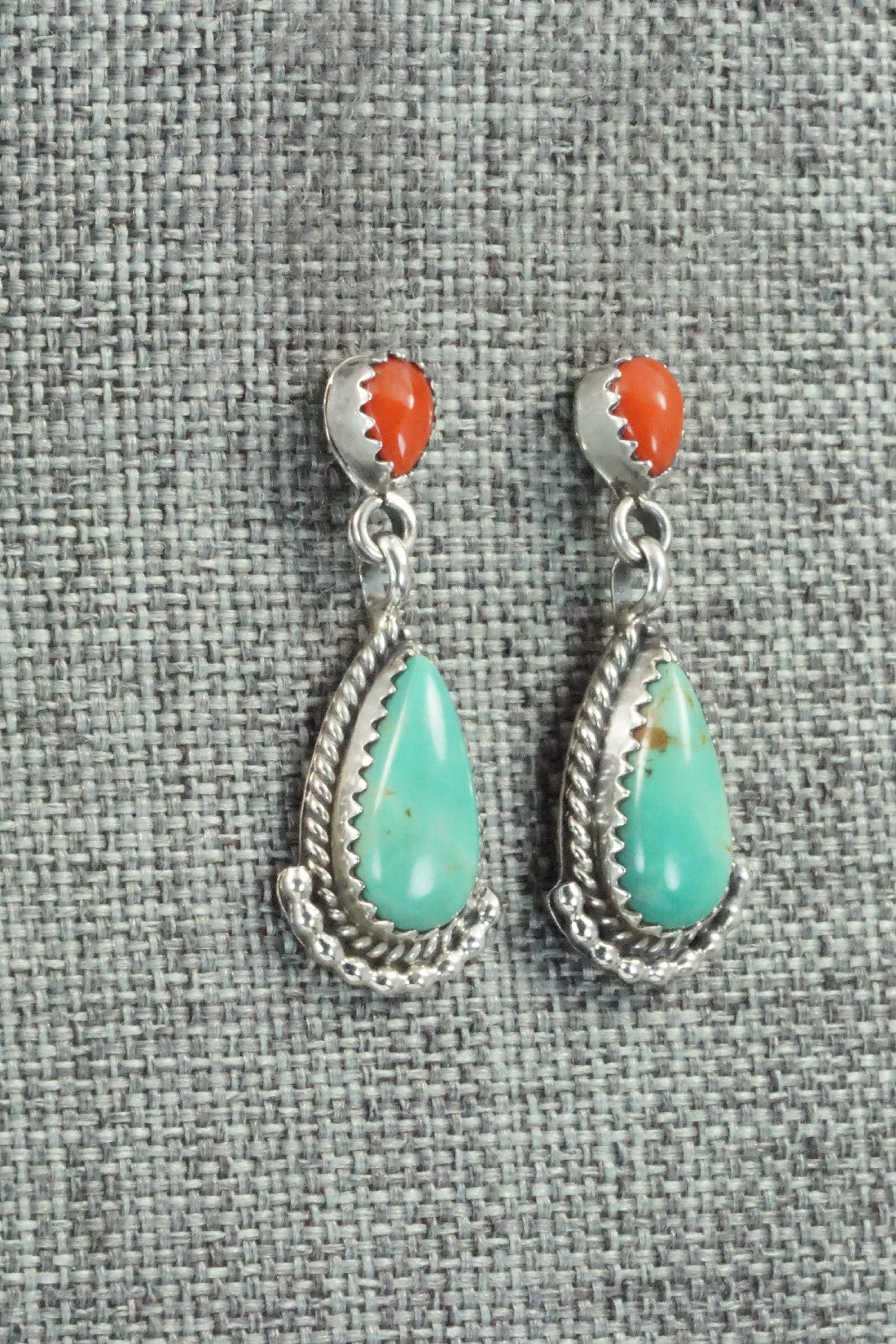 Turquoise, Coral & Sterling Silver Earrings - Verley Betone