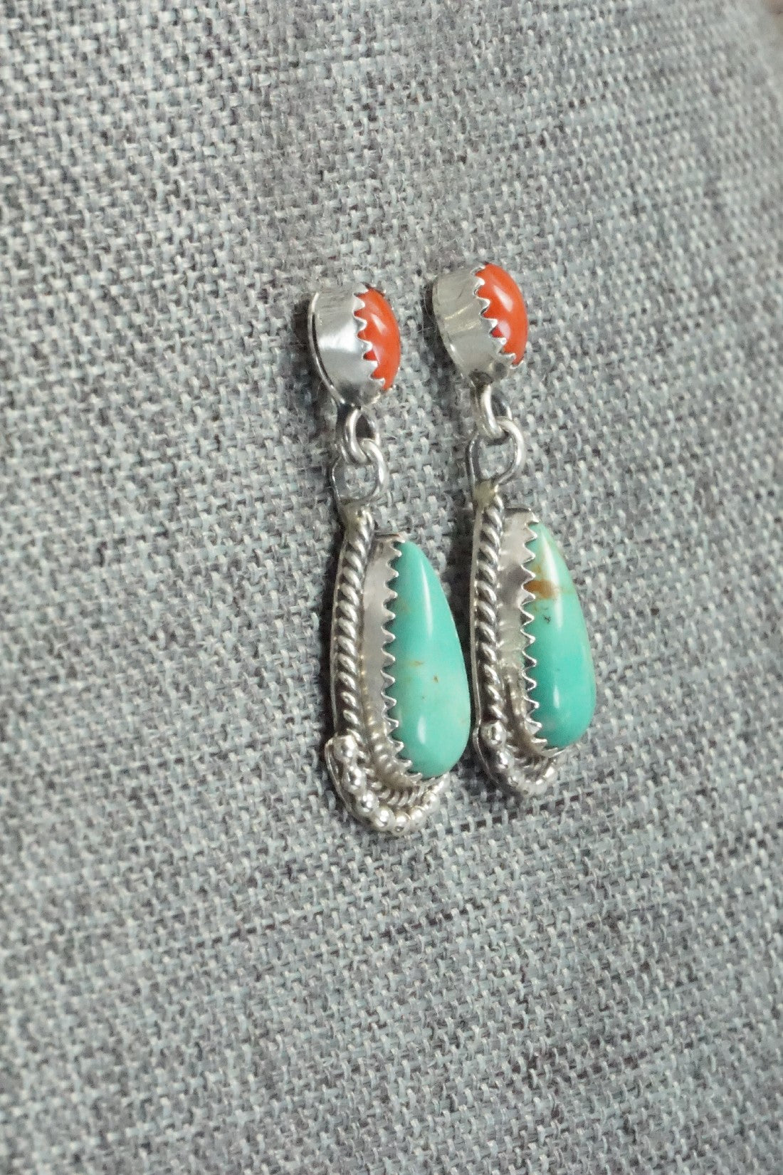 Turquoise, Coral & Sterling Silver Earrings - Verley Betone