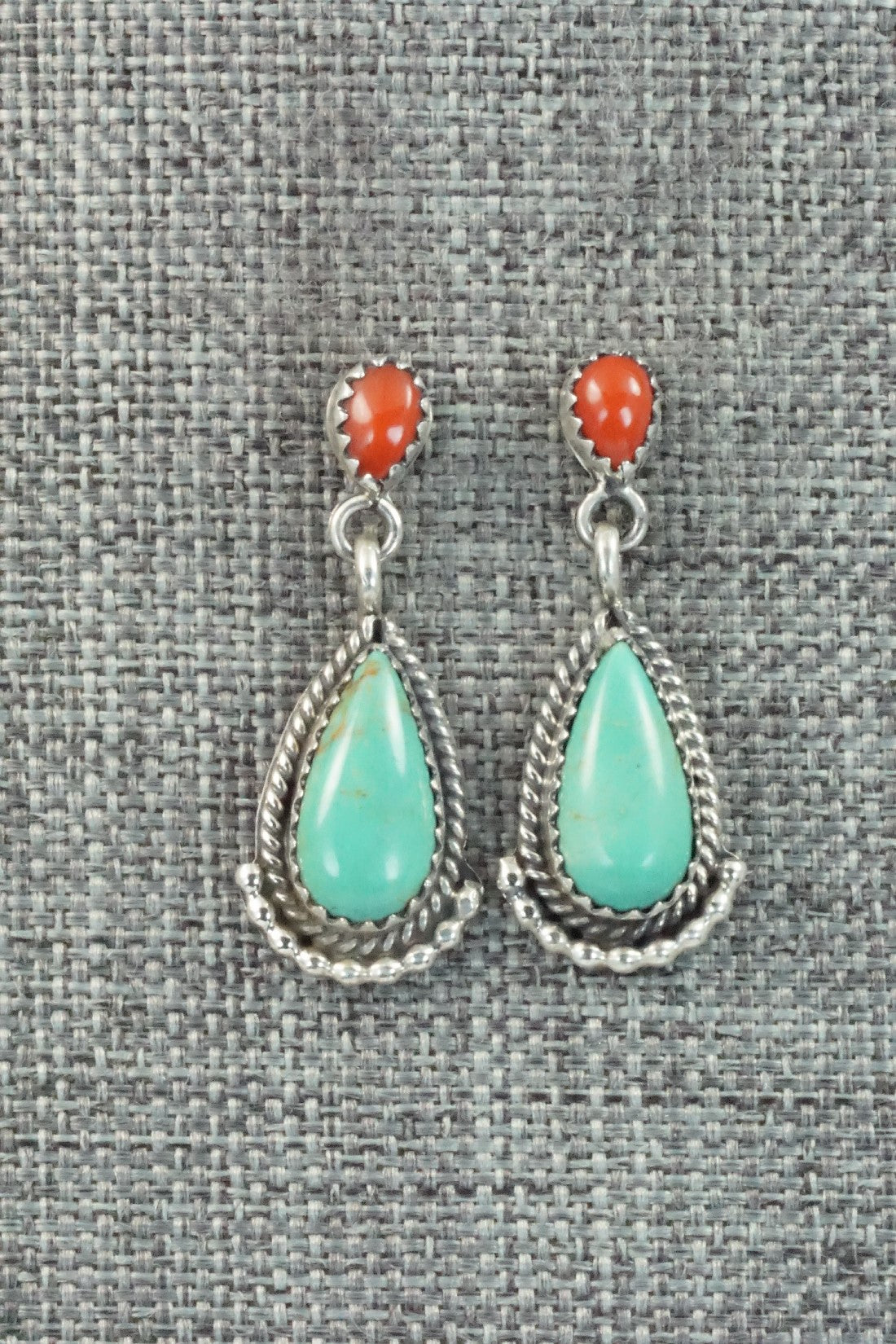 Turquoise, Coral & Sterling Silver Earrings - Verley Betone