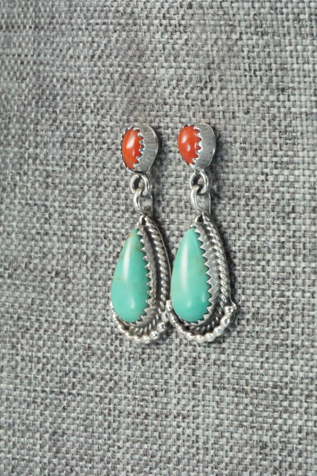 Turquoise, Coral & Sterling Silver Earrings - Verley Betone