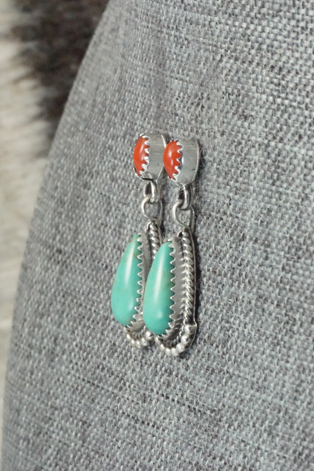 Turquoise, Coral & Sterling Silver Earrings - Verley Betone
