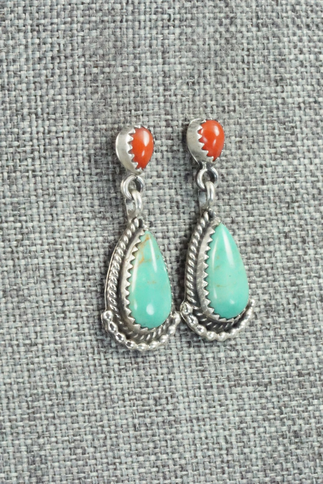 Turquoise, Coral & Sterling Silver Earrings - Verley Betone