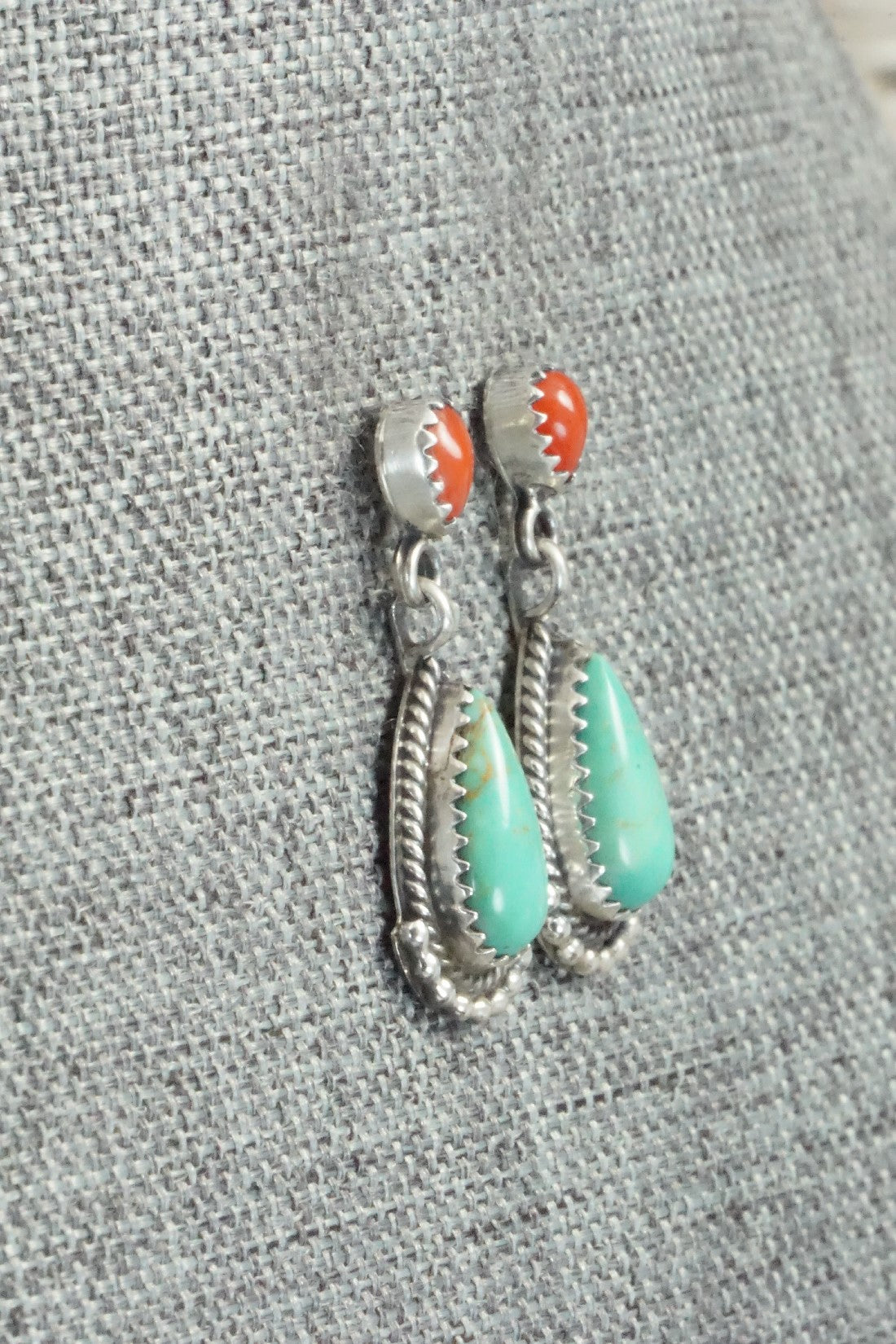 Turquoise, Coral & Sterling Silver Earrings - Verley Betone