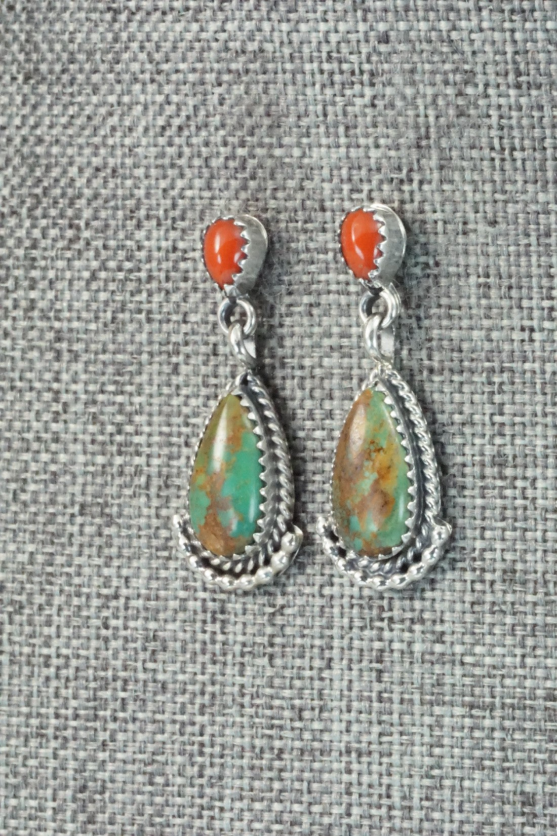 Turquoise, Coral & Sterling Silver Earrings - Verley Betone