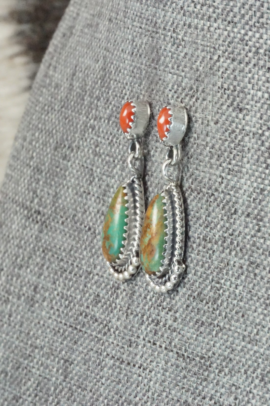 Turquoise, Coral & Sterling Silver Earrings - Verley Betone