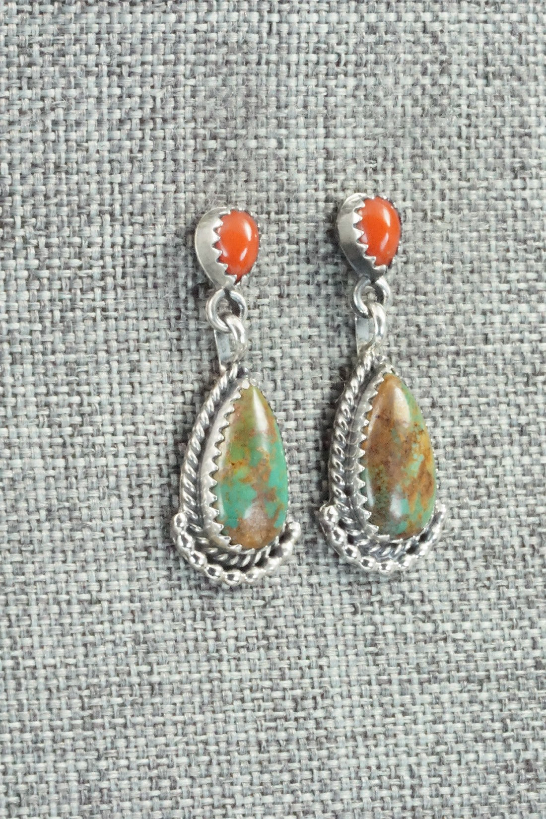 Turquoise, Coral & Sterling Silver Earrings - Verley Betone