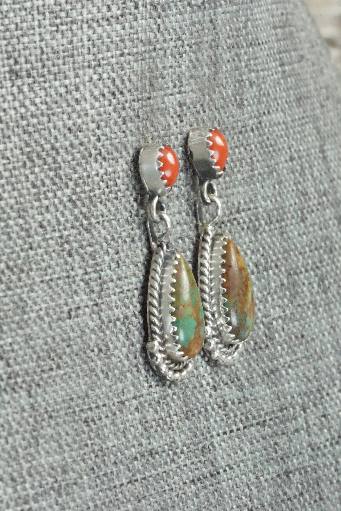 Turquoise, Coral & Sterling Silver Earrings - Verley Betone