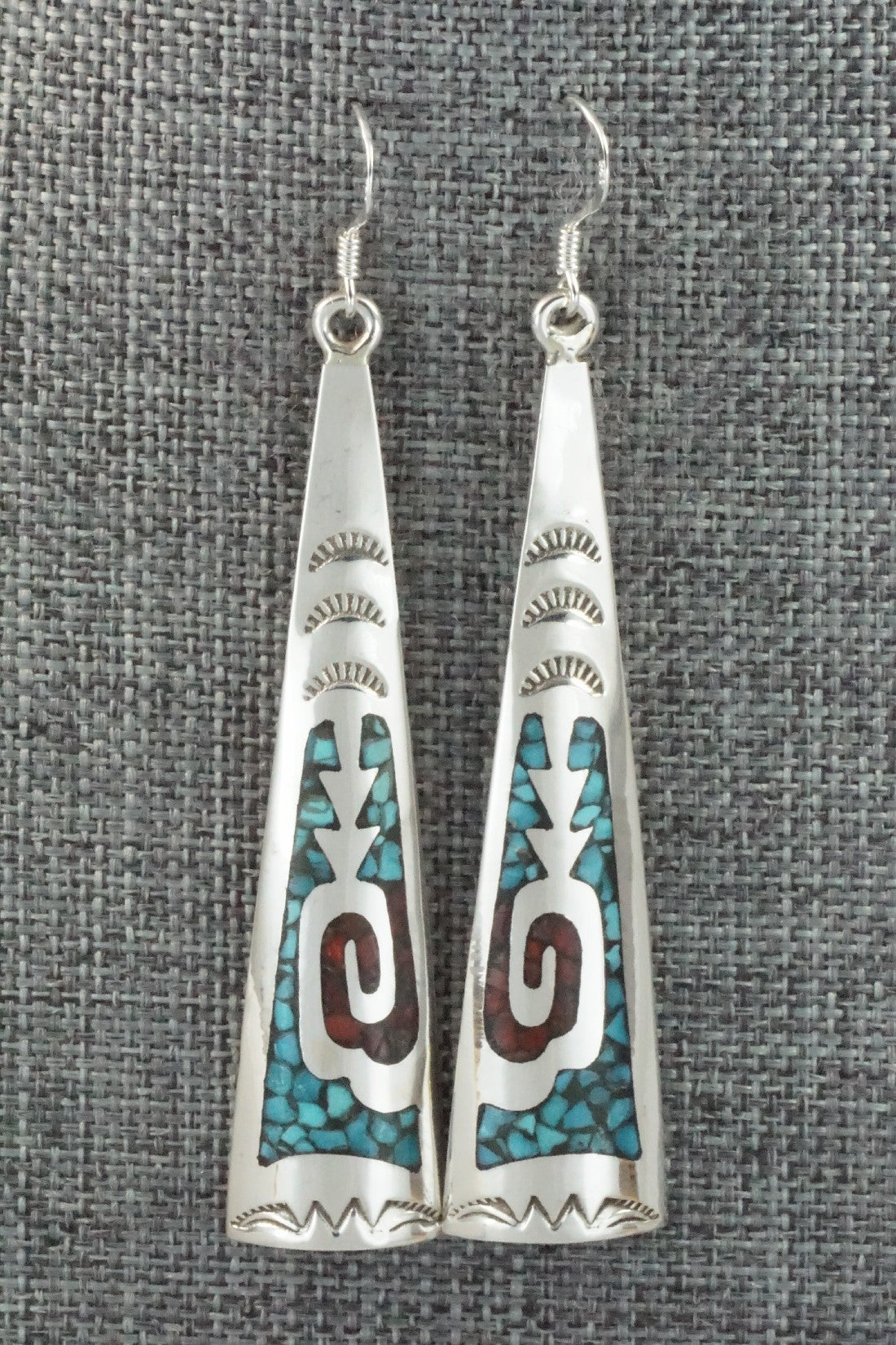 Coral, Turquoise Chip Inlay & Sterling Silver Earrings - Jolene Yazzie