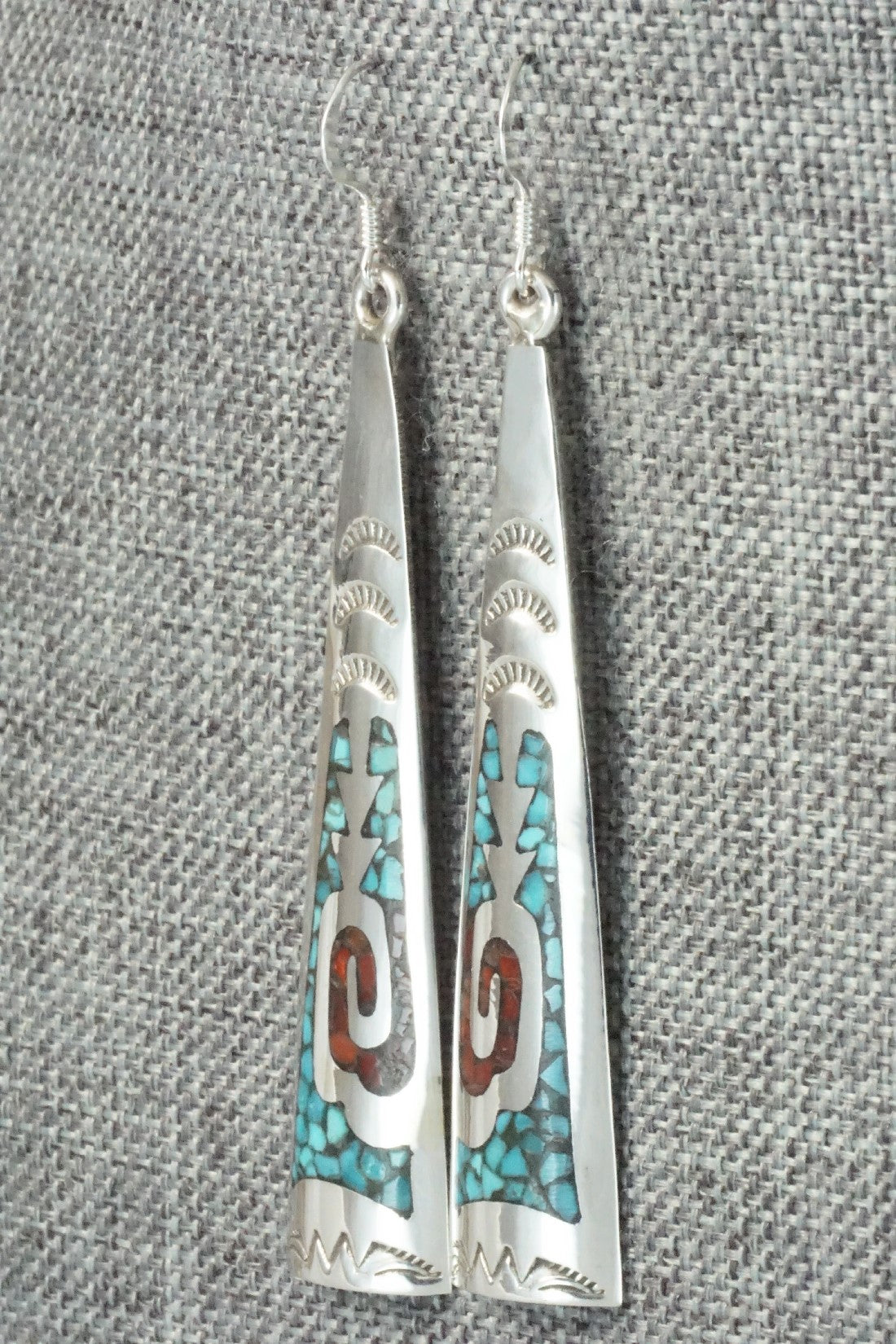 Coral, Turquoise Chip Inlay & Sterling Silver Earrings - Jolene Yazzie