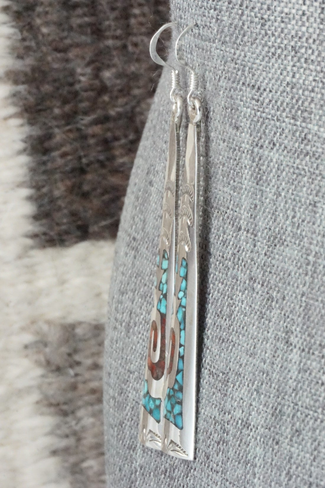 Coral, Turquoise Chip Inlay & Sterling Silver Earrings - Jolene Yazzie