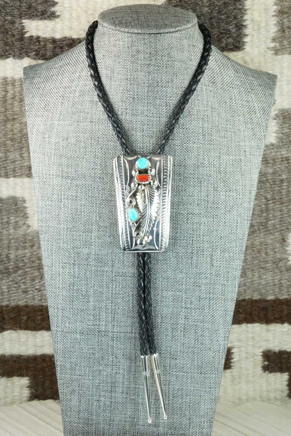 Turquoise, Coral & Sterling Silver Bolo Tie - Wilbur Myers