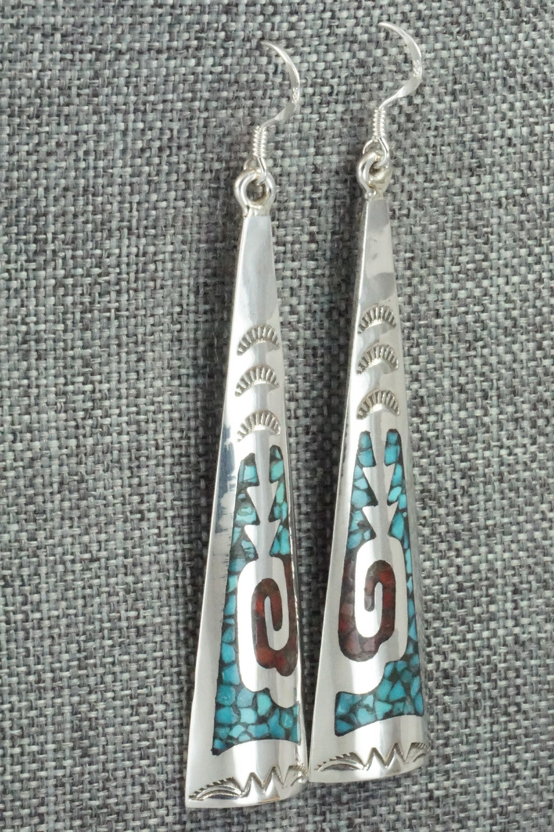 Coral, Turquoise Chip Inlay & Sterling Silver Earrings - Jolene Yazzie