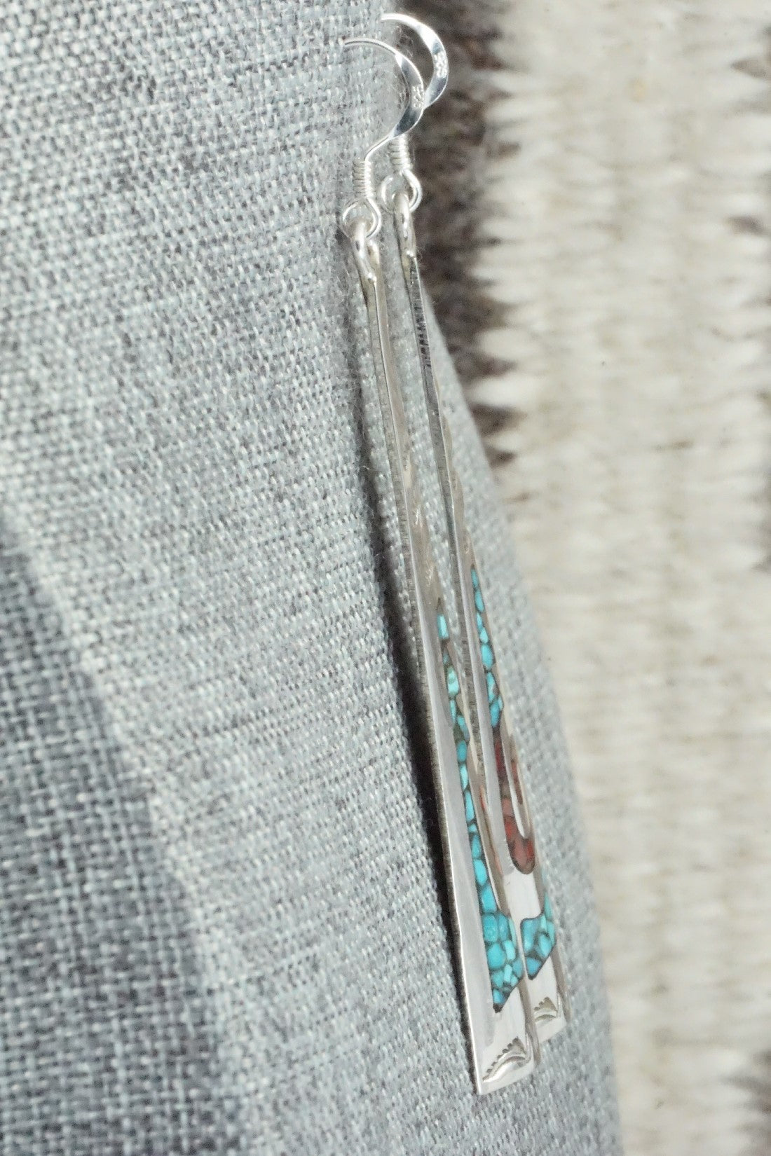 Coral, Turquoise Chip Inlay & Sterling Silver Earrings - Jolene Yazzie