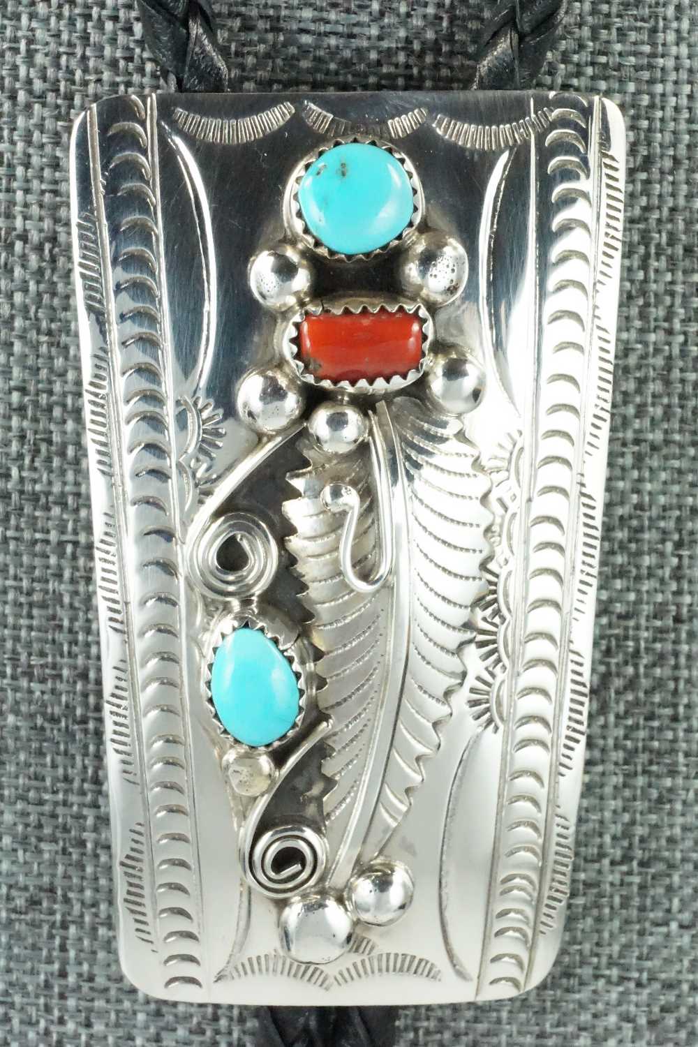 Turquoise, Coral & Sterling Silver Bolo Tie - Wilbur Myers