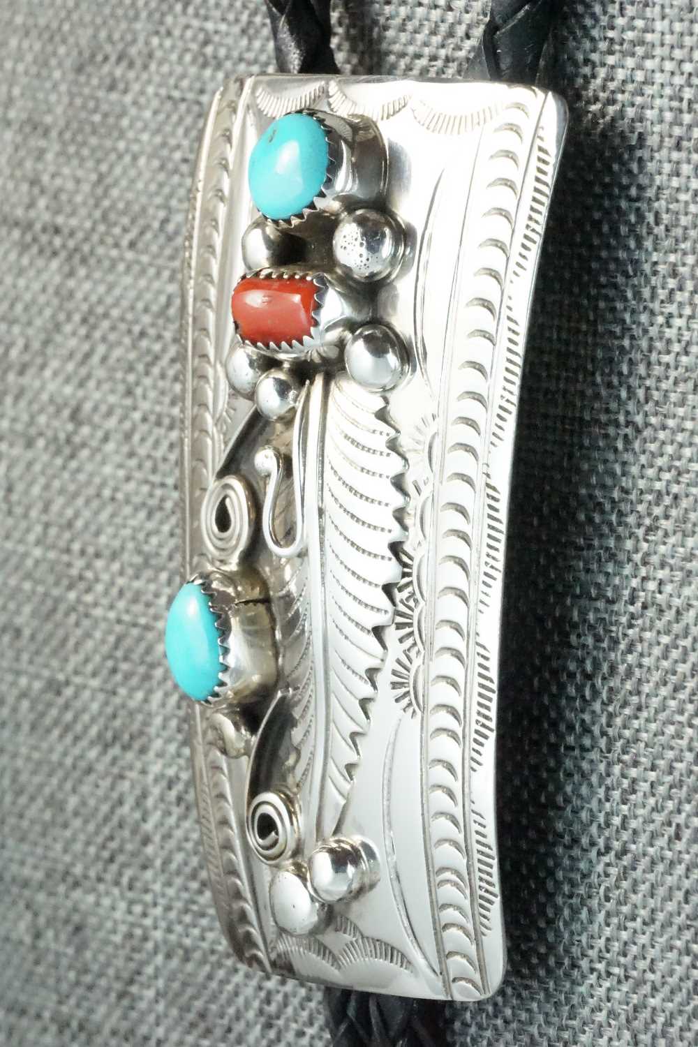 Turquoise, Coral & Sterling Silver Bolo Tie - Wilbur Myers