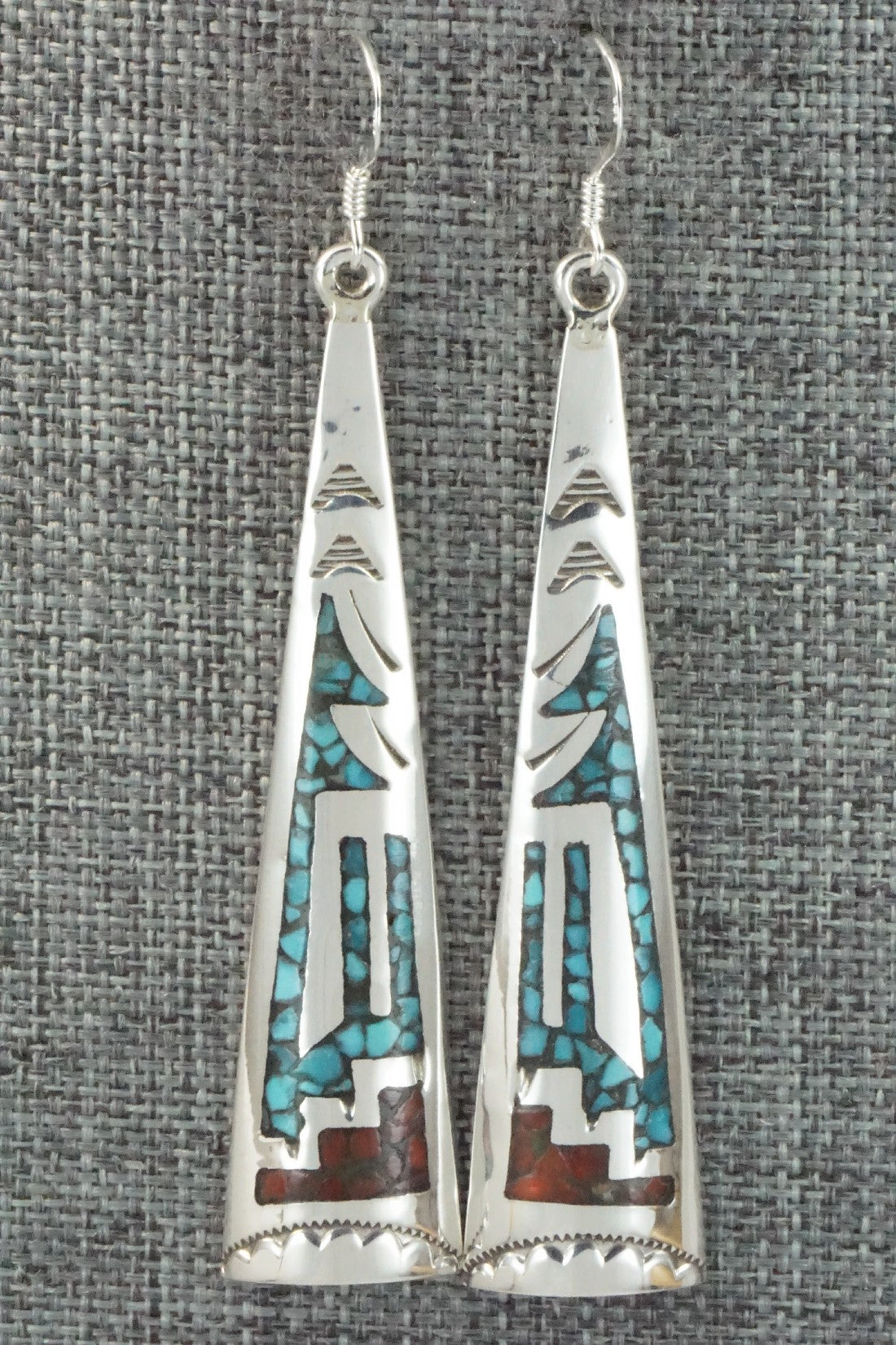 Coral, Turquoise Chip Inlay & Sterling Silver Earrings - Jolene Yazzie
