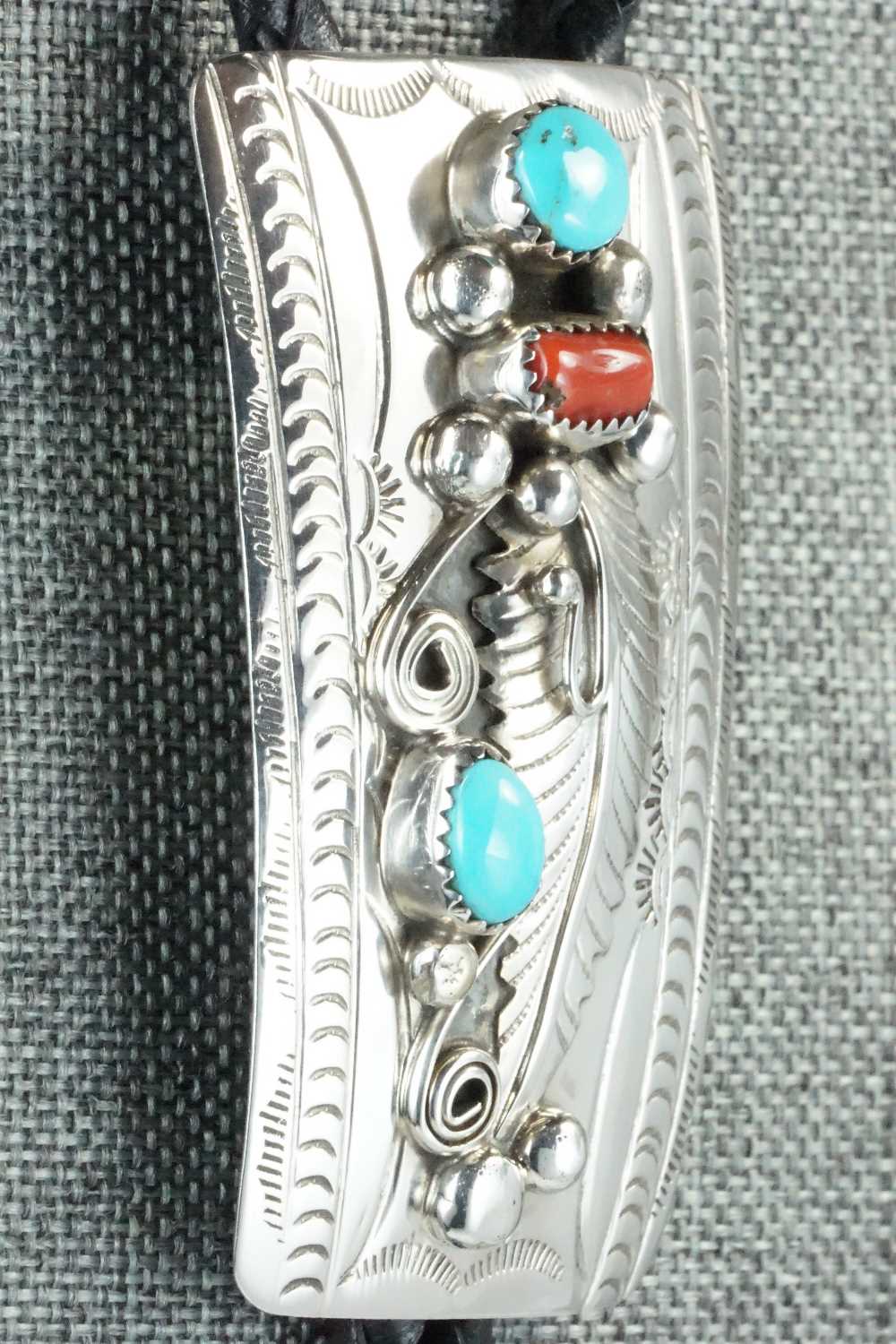 Turquoise, Coral & Sterling Silver Bolo Tie - Wilbur Myers