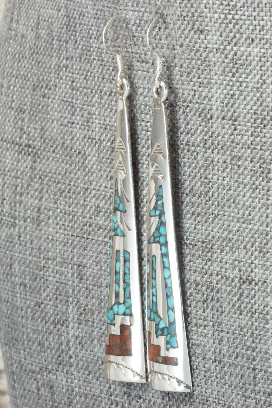 Coral, Turquoise Chip Inlay & Sterling Silver Earrings - Jolene Yazzie