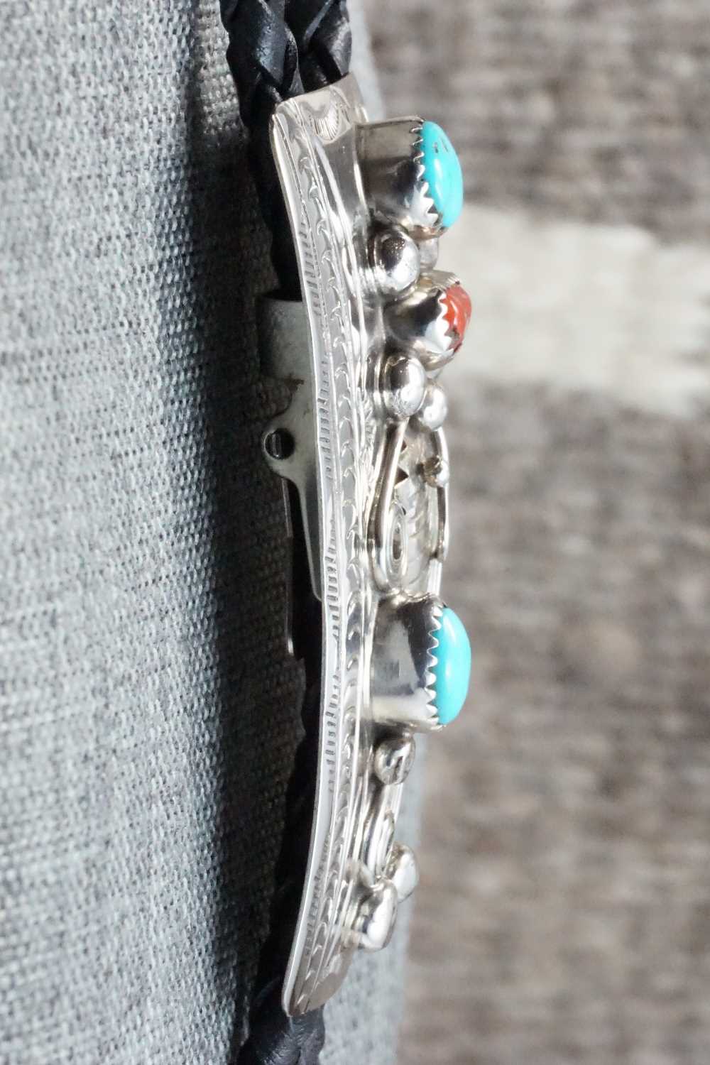 Turquoise, Coral & Sterling Silver Bolo Tie - Wilbur Myers