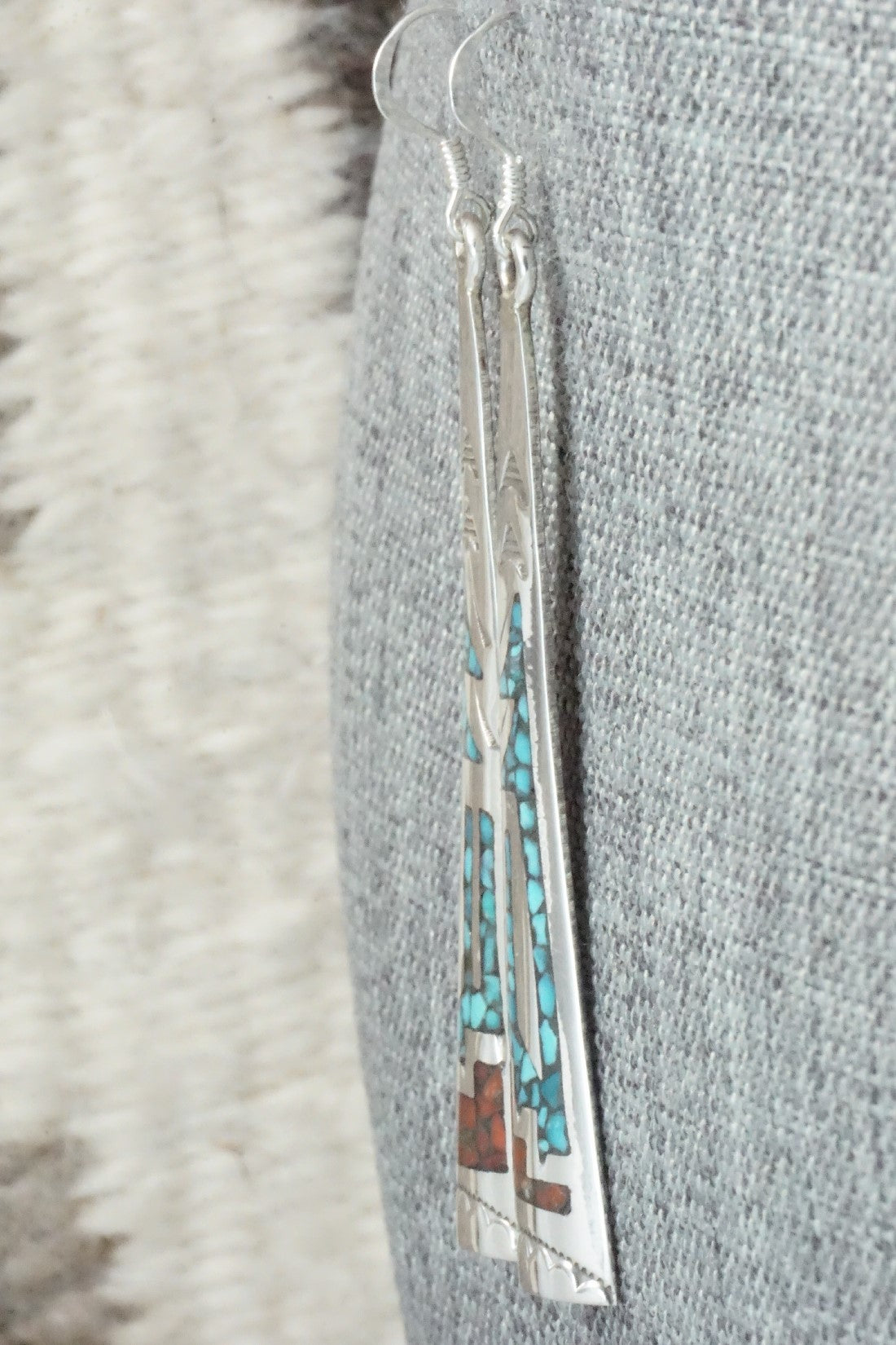 Coral, Turquoise Chip Inlay & Sterling Silver Earrings - Jolene Yazzie