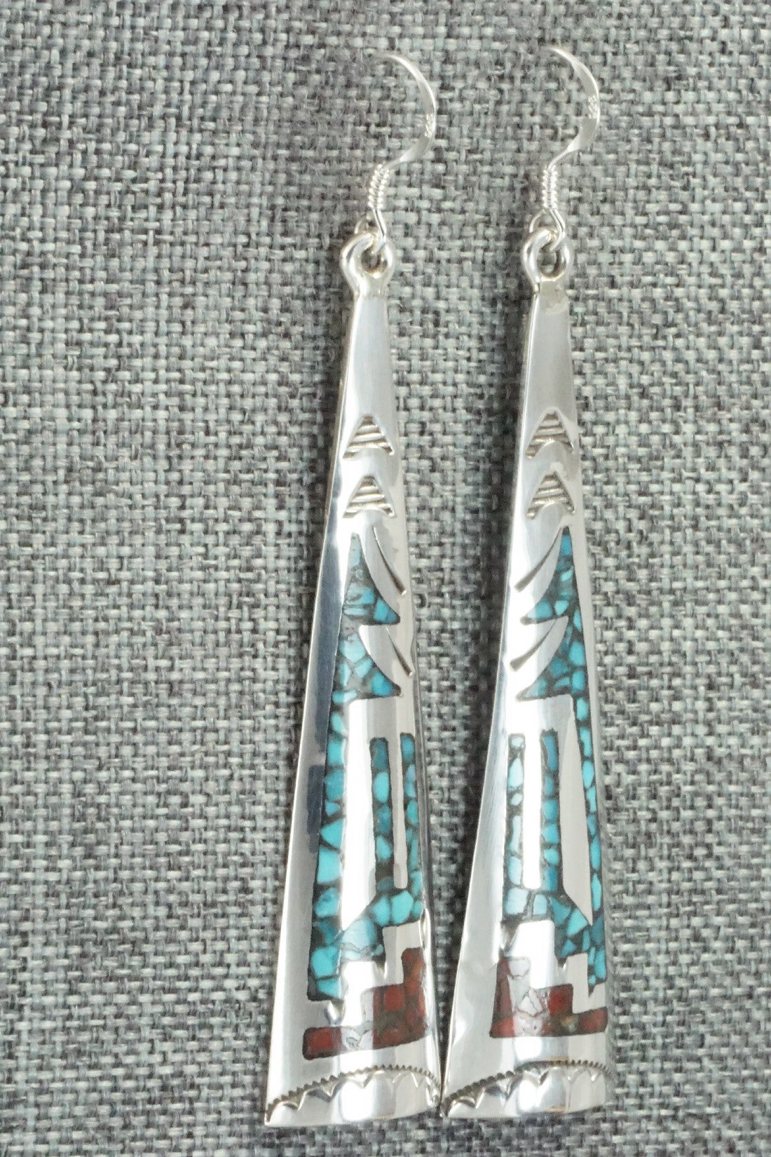 Coral, Turquoise Chip Inlay & Sterling Silver Earrings - Jolene Yazzie