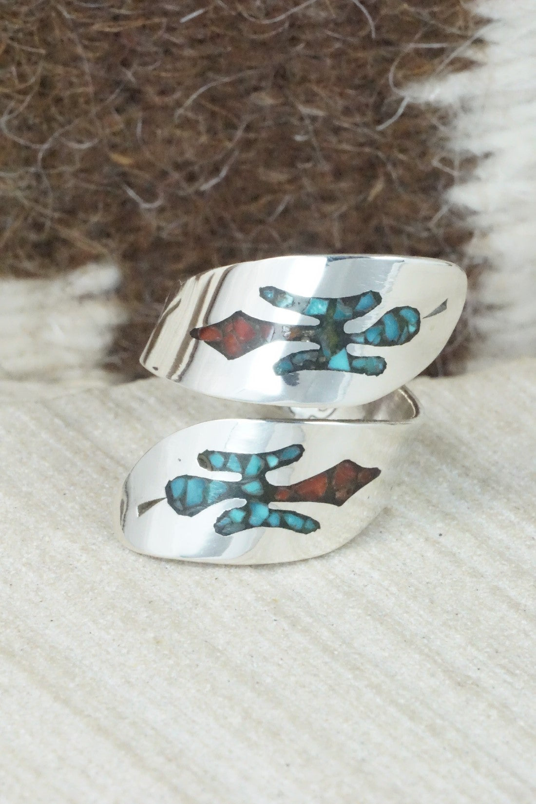 Turquoise, Coral & Sterling Silver Ring - Jolene Jazzie - Size 7