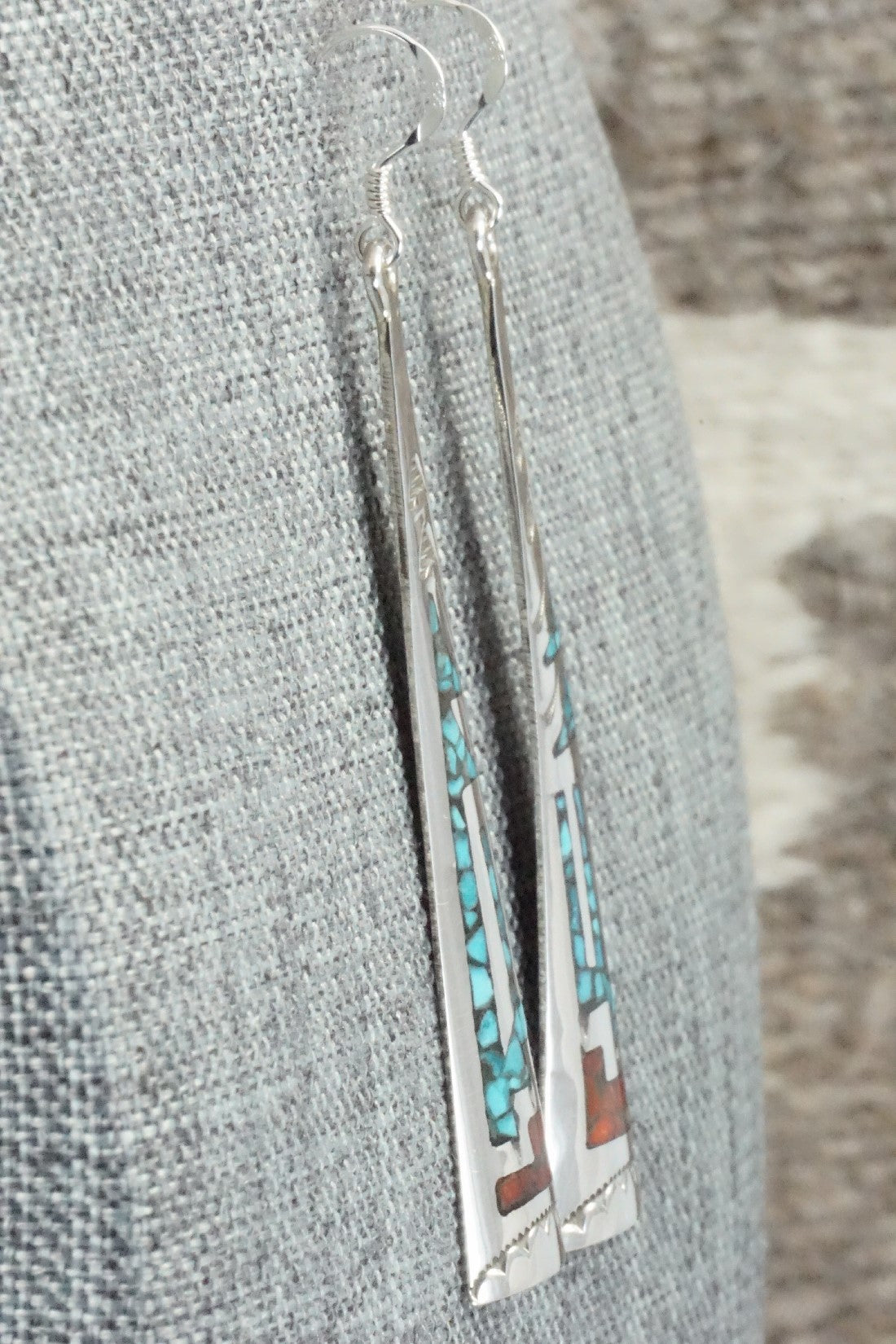Coral, Turquoise Chip Inlay & Sterling Silver Earrings - Jolene Yazzie