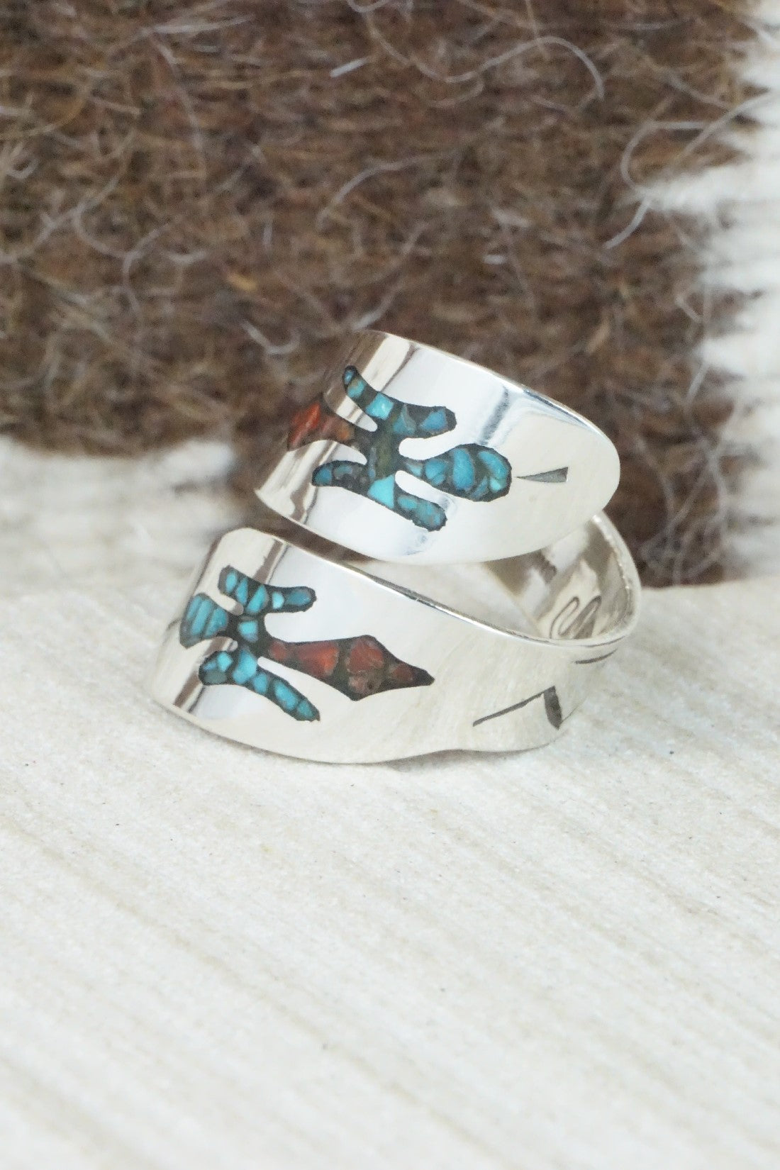 Turquoise, Coral & Sterling Silver Ring - Jolene Jazzie - Size 7