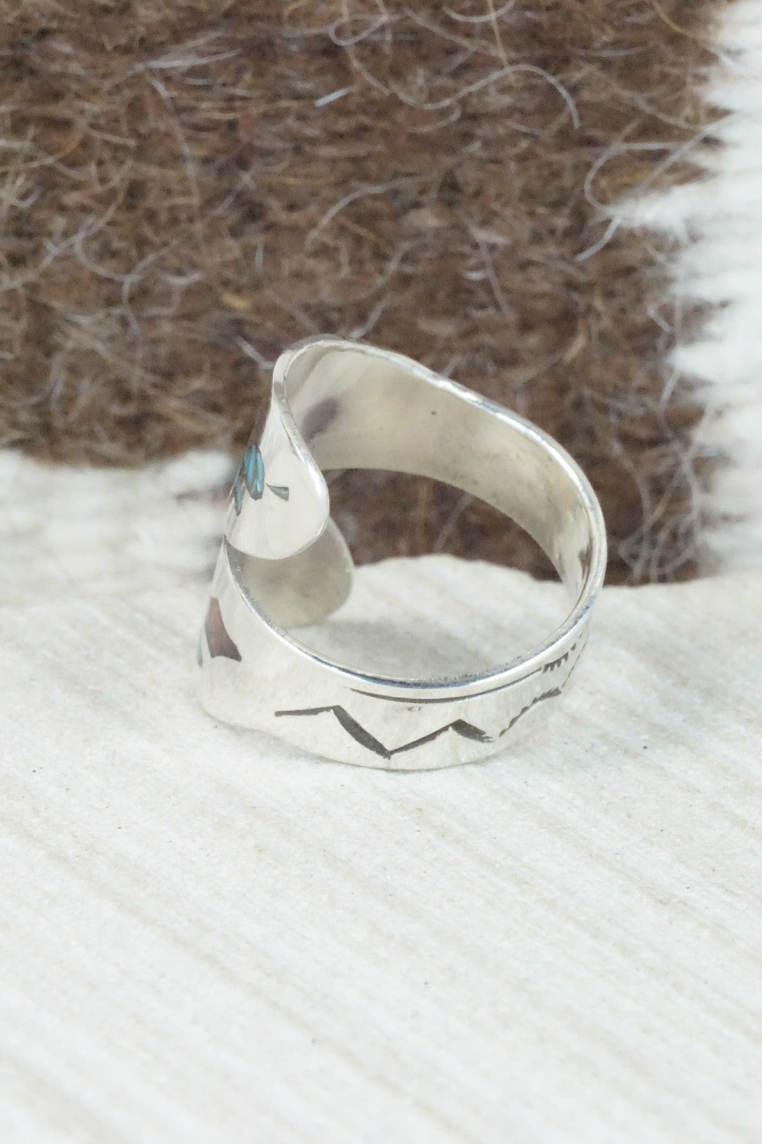 Turquoise, Coral & Sterling Silver Ring - Jolene Jazzie - Size 7